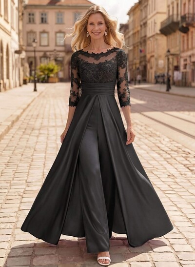 Jumpsuit/Pantsuit Scoop Neck 3/4 Sleeves Floor-Length Crepe Satin Mother Of The Bride Dresses With Lace/Overskirt Dress
