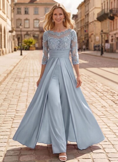 Jumpsuit/Pantsuit Scoop Neck 3/4 Sleeves Floor-Length Crepe Satin Mother Of The Bride Dresses With Lace/Overskirt Dress