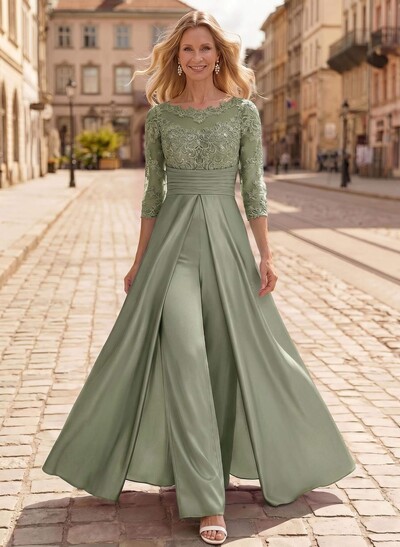 Jumpsuit/Pantsuit Scoop Neck 3/4 Sleeves Floor-Length Crepe Satin Evening Dress With Lace/Overskirt
