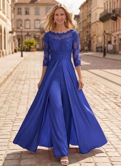 Jumpsuit/Pantsuit Scoop Neck 3/4 Sleeves Floor-Length Crepe Satin Mother Of The Bride Dresses With Lace/Overskirt Dress