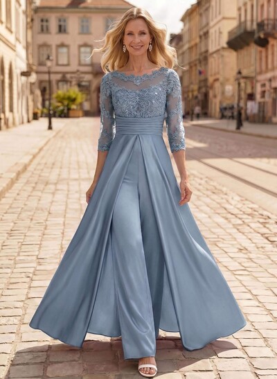 Jumpsuit/Pantsuit Scoop Neck 3/4 Sleeves Floor-Length Crepe Satin Mother Of The Bride Dresses With Lace/Overskirt Dress