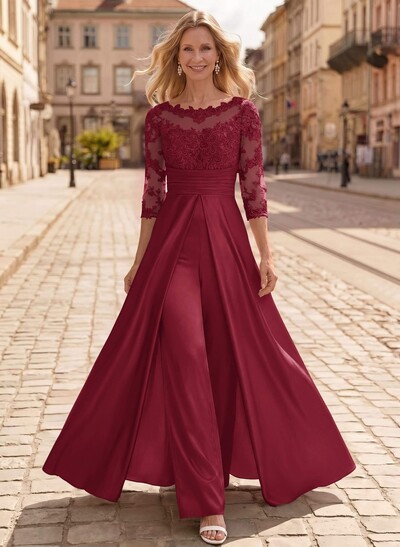 Jumpsuit/Pantsuit Scoop Neck 3/4 Sleeves Floor-Length Crepe Satin Evening Dress With Lace/Overskirt