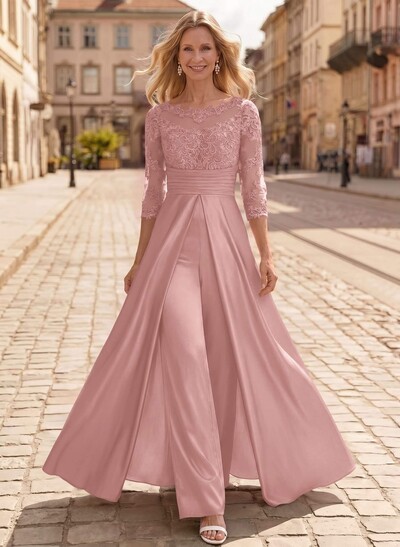 Jumpsuit/Pantsuit Scoop Neck 3/4 Sleeves Floor-Length Crepe Satin Mother Of The Bride Dresses With Lace/Overskirt Dress