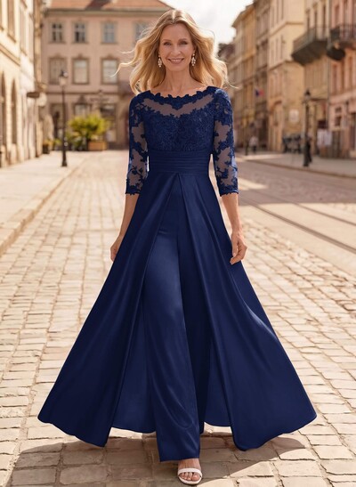 Jumpsuit/Pantsuit Scoop Neck 3/4 Sleeves Floor-Length Crepe Satin Mother Of The Bride Dresses With Lace/Overskirt Dress