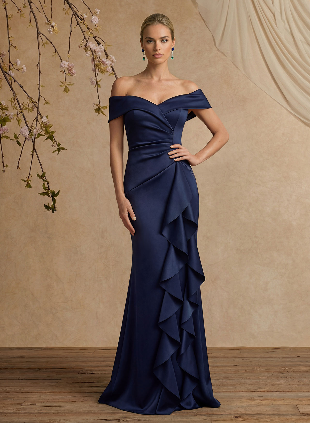 Trumpet/Mermaid Off-The-Shoulder Floor-Length Crepe Satin Mother Of The Bride Dresses With Ruffle
