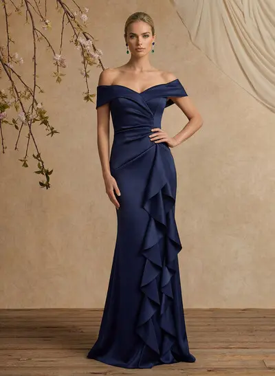 Trumpet/Mermaid Off-The-Shoulder Floor-Length Crepe Satin Mother Of The Bride Dresses With Ruffle