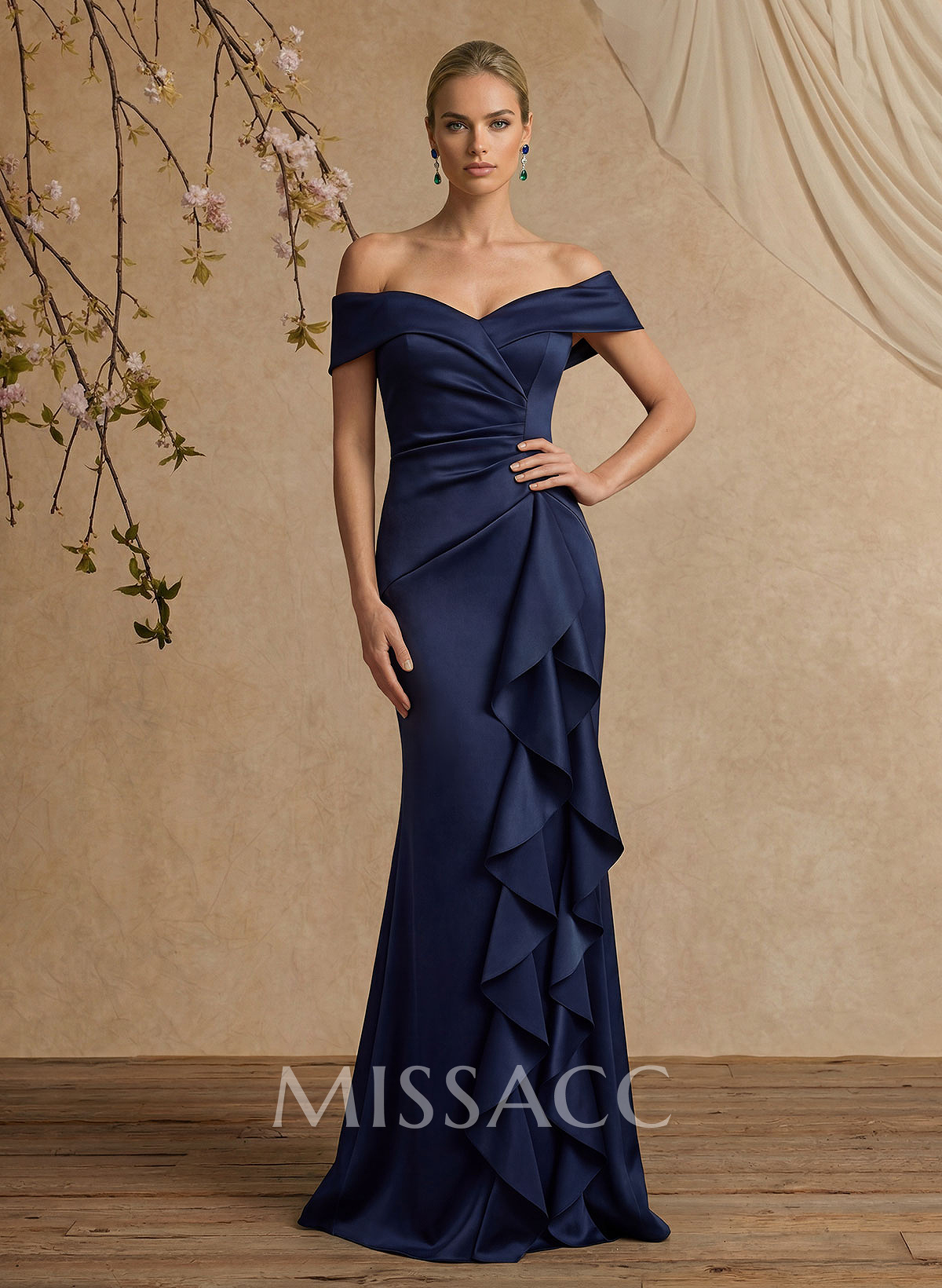 Trumpet/Mermaid Off-The-Shoulder Floor-Length Crepe Satin Mother Of The Bride Dresses With Ruffle Trumpet/Mermaid Off-The-Shoulder Floor-Length Crepe Satin Mother Of The Bride Dresses With Ruffle