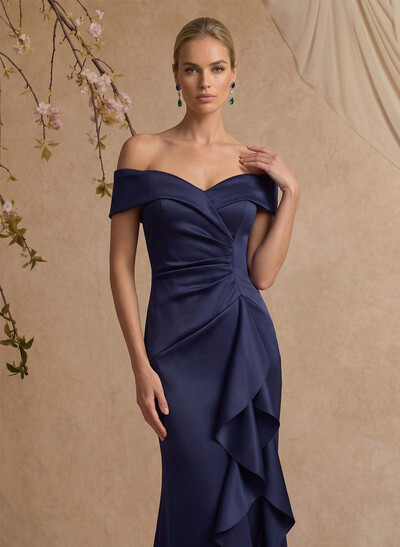 Trumpet/Mermaid Off-The-Shoulder Floor-Length Crepe Satin Mother Of The Bride Dresses With Ruffle