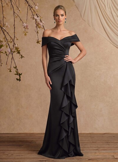 Trumpet/Mermaid Off-The-Shoulder Floor-Length Crepe Satin Mother Of The Bride Dresses With Ruffle