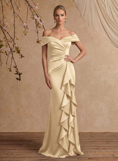 Trumpet/Mermaid Off-The-Shoulder Floor-Length Crepe Satin Mother Of The Bride Dresses With Ruffle