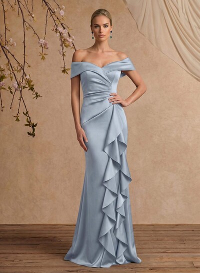Trumpet/Mermaid Off-The-Shoulder Floor-Length Crepe Satin Mother Of The Bride Dresses With Ruffle