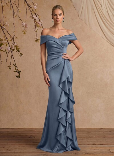 Trumpet/Mermaid Off-The-Shoulder Floor-Length Crepe Satin Mother Of The Bride Dresses With Ruffle