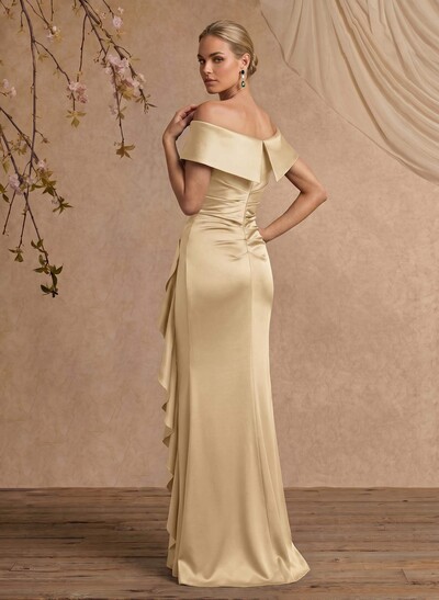 Trumpet/Mermaid Off-The-Shoulder Floor-Length Crepe Satin Mother Of The Bride Dresses With Ruffle
