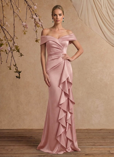 Trumpet/Mermaid Off-The-Shoulder Floor-Length Crepe Satin Mother Of The Bride Dresses With Ruffle