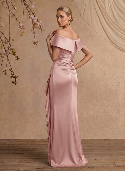 Trumpet/Mermaid Off-The-Shoulder Floor-Length Crepe Satin Mother Of The Bride Dresses With Ruffle