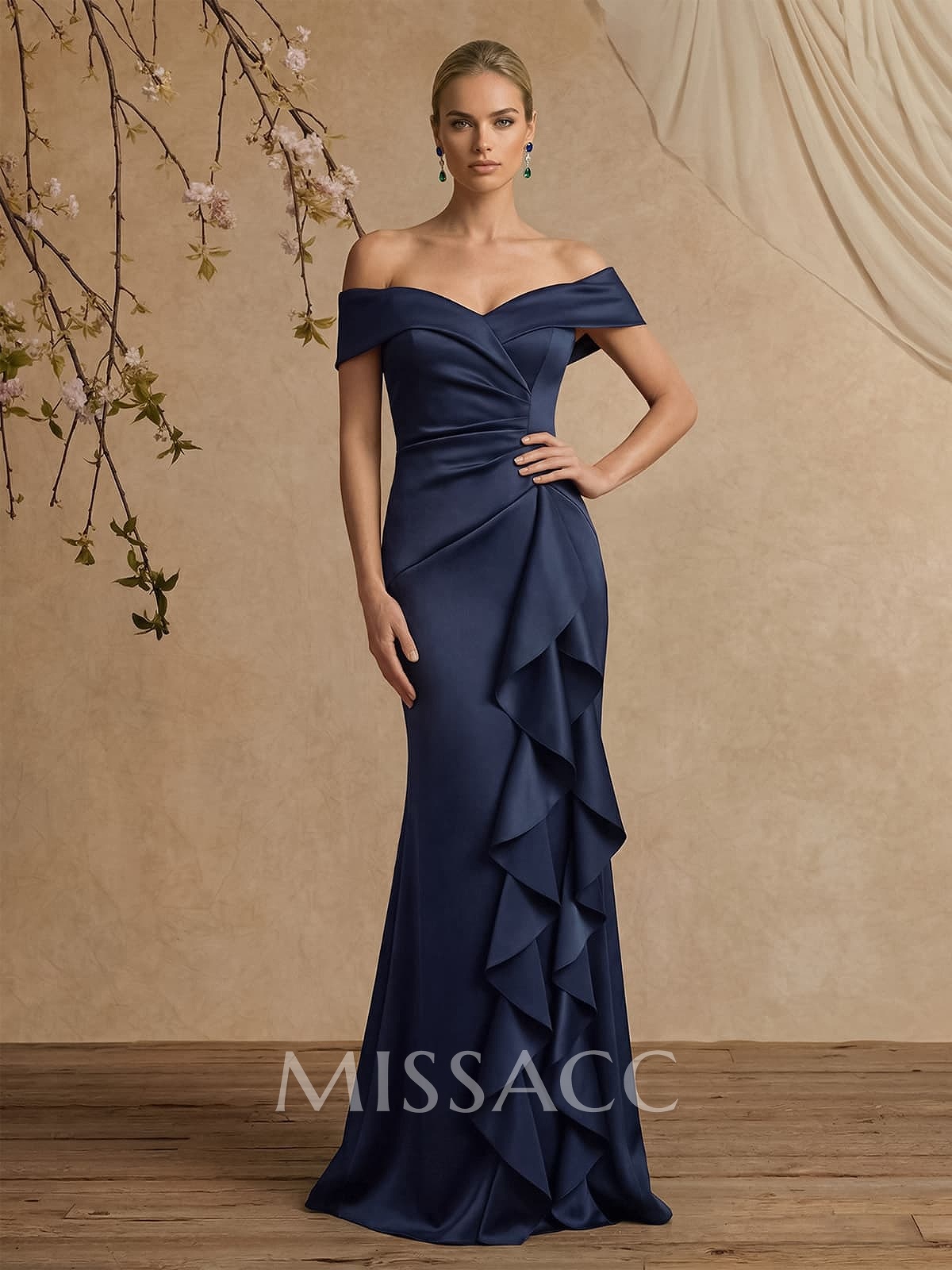 Trumpet/Mermaid Off-The-Shoulder Floor-Length Crepe Satin Mother Of The Bride Dresses With Ruffle Trumpet/Mermaid Off-The-Shoulder Floor-Length Crepe Satin Mother Of The Bride Dresses With Ruffle