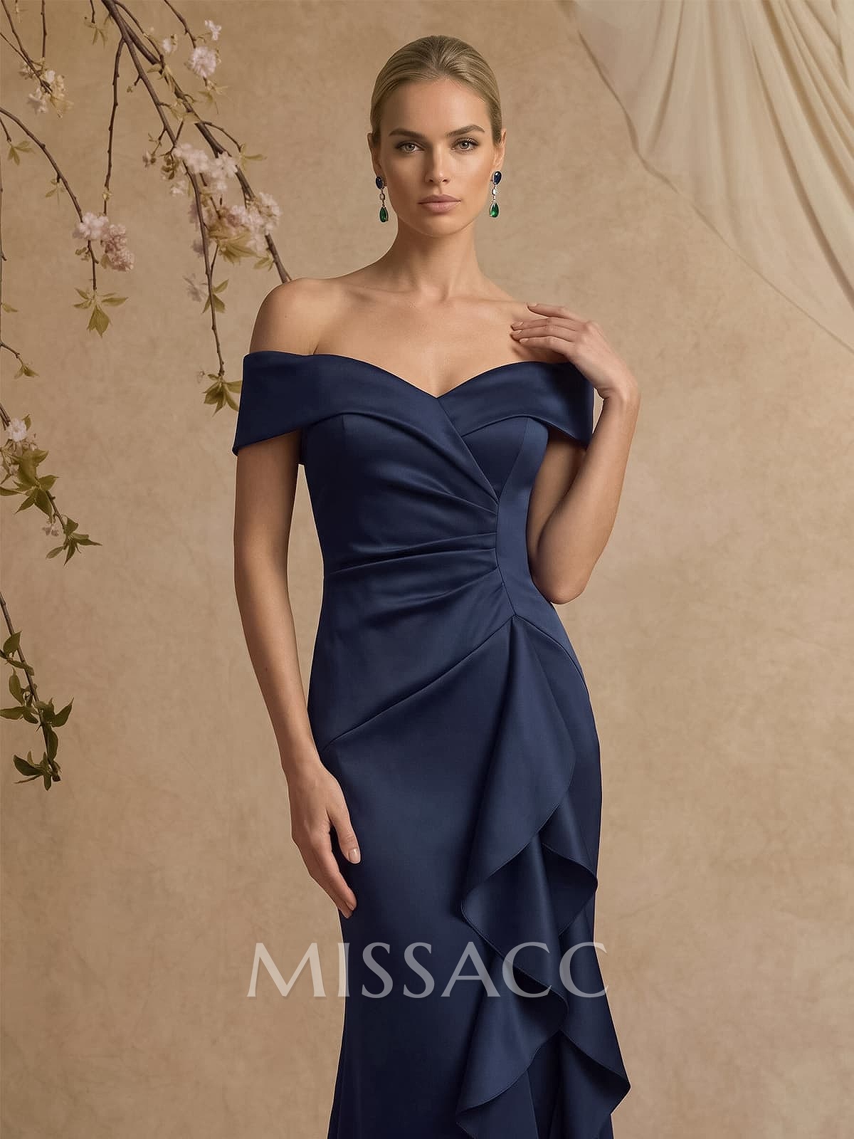 Trumpet/Mermaid Off-The-Shoulder Floor-Length Crepe Satin Mother Of The Bride Dresses With Ruffle Trumpet/Mermaid Off-The-Shoulder Floor-Length Crepe Satin Mother Of The Bride Dresses With Ruffle