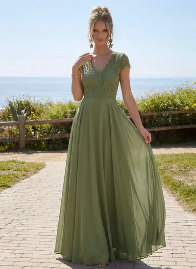 A-Line V-Neck Short Sleeves Floor-Length Chiffon/Lace Mother Of The Bride Dresses With Lace