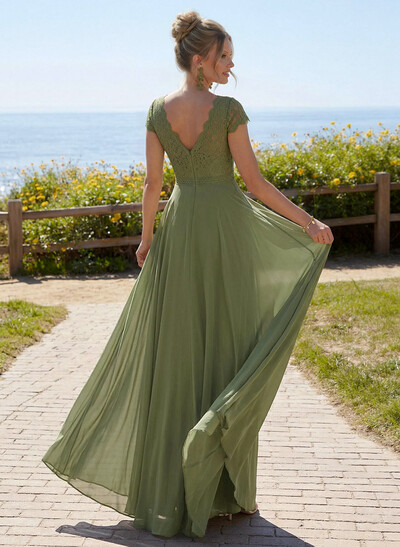 A-Line V-Neck Short Sleeves Floor-Length Chiffon/Lace Mother Of The Bride Dresses With Lace