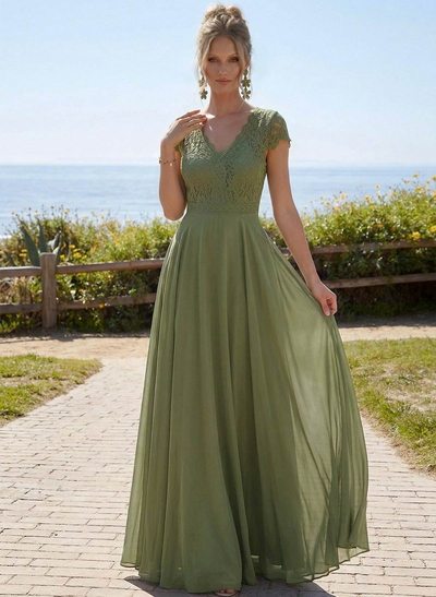 A-Line V-Neck Short Sleeves Floor-Length Chiffon/Lace Mother Of The Bride Dresses With Lace