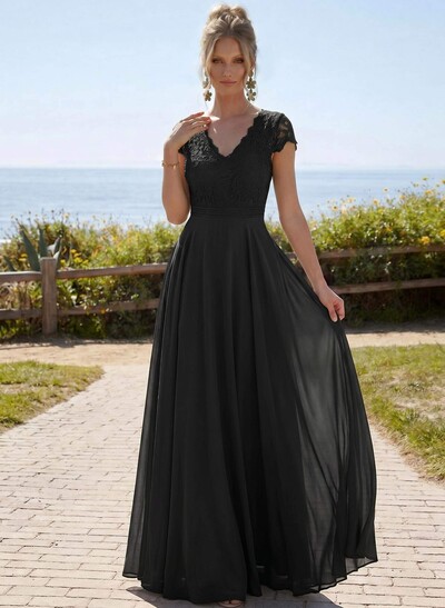 A-Line V-Neck Short Sleeves Floor-Length Chiffon/Lace Mother Of The Bride Dresses With Lace