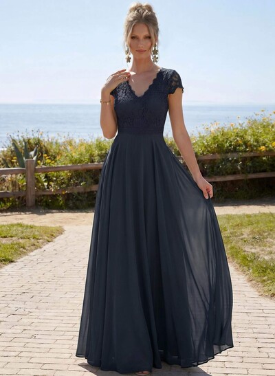A-Line V-Neck Short Sleeves Floor-Length Chiffon/Lace Mother Of The Bride Dresses With Lace