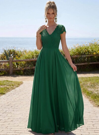 A-Line V-Neck Short Sleeves Floor-Length Chiffon/Lace Mother Of The Bride Dresses With Lace