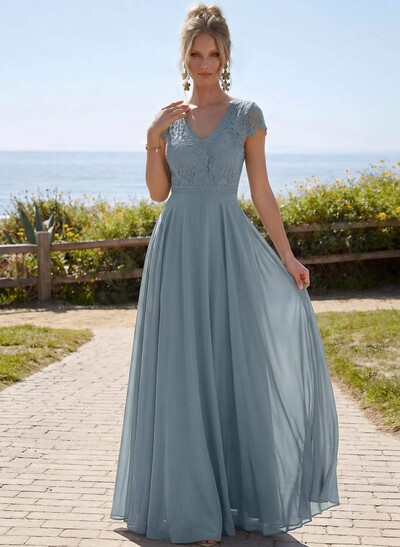 A-Line V-Neck Short Sleeves Floor-Length Chiffon/Lace Mother Of The Bride Dresses With Lace