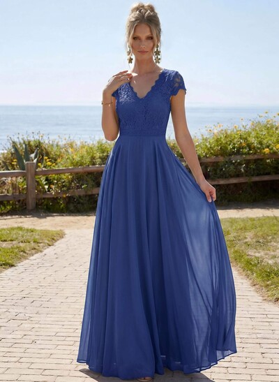 A-Line V-Neck Short Sleeves Floor-Length Chiffon/Lace Mother Of The Bride Dresses With Lace