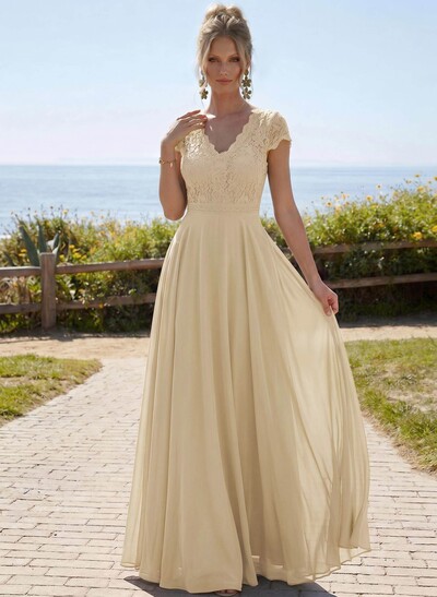 A-Line V-Neck Short Sleeves Floor-Length Chiffon/Lace Mother Of The Bride Dresses With Lace