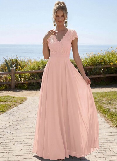 A-Line V-Neck Short Sleeves Floor-Length Chiffon/Lace Mother Of The Bride Dresses With Lace