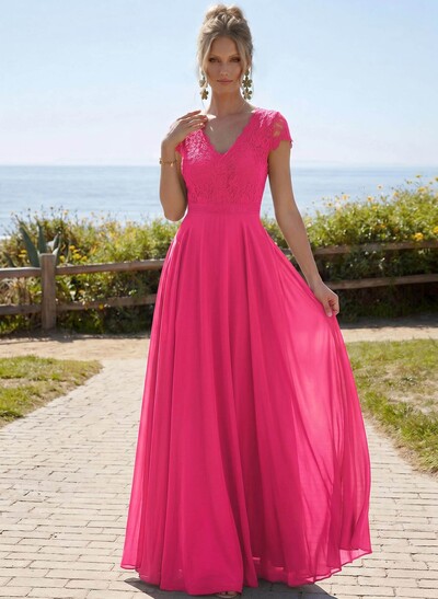 A-Line V-Neck Short Sleeves Floor-Length Chiffon/Lace Mother Of The Bride Dresses With Lace