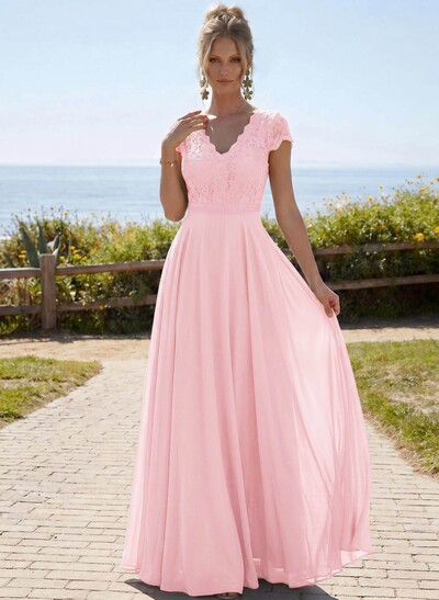 A-Line V-Neck Short Sleeves Floor-Length Chiffon/Lace Mother Of The Bride Dresses With Lace