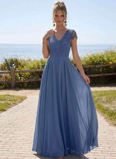 A-Line V-Neck Short Sleeves Floor-Length Chiffon/Lace Mother Of The Bride Dresses With Lace