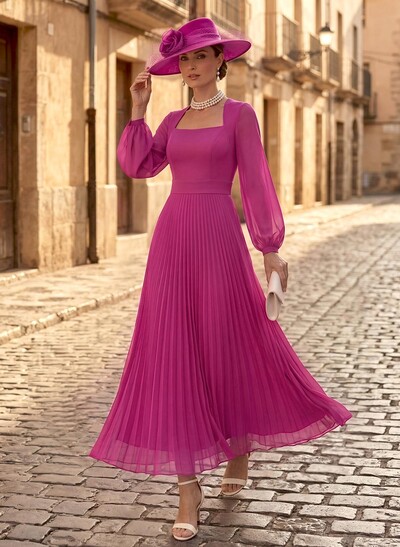 A-Line Square Neckline Long Sleeves Ankle-Length Chiffon Mother Of The Bride Dresses With Pleated
