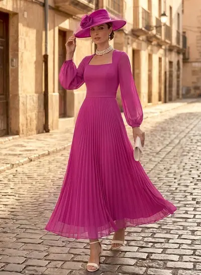 A-Line Square Neckline Long Sleeves Ankle-Length Chiffon Mother Of The Bride Dresses With Pleated