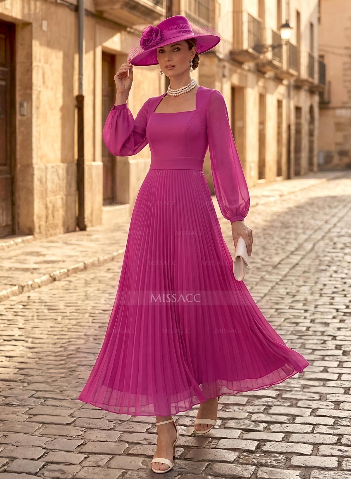 A-Line Square Neckline Long Sleeves Ankle-Length Chiffon Mother Of The Bride Dresses With Pleated