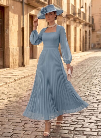 A-Line Square Neckline Long Sleeves Ankle-Length Chiffon Mother Of The Bride Dresses With Pleated