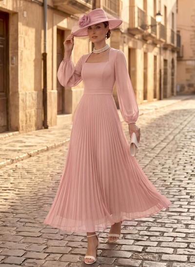 A-Line Square Neckline Long Sleeves Ankle-Length Chiffon Mother Of The Bride Dresses With Pleated