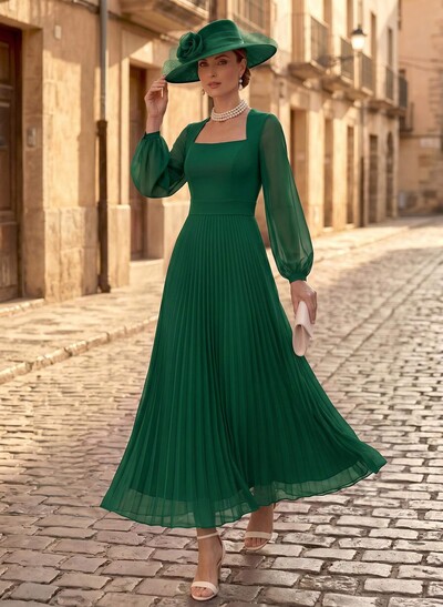 A-Line Square Neckline Long Sleeves Ankle-Length Chiffon Mother Of The Bride Dresses With Pleated