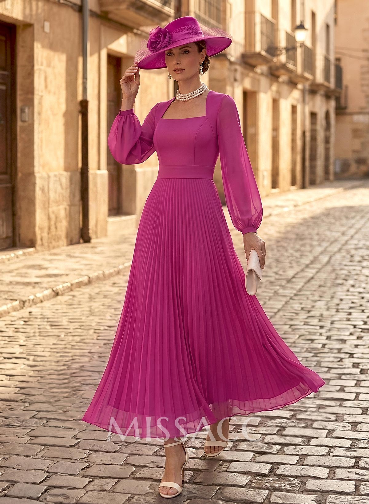 A-Line Square Neckline Long Sleeves Ankle-Length Chiffon Mother Of The Bride Dresses With Pleated