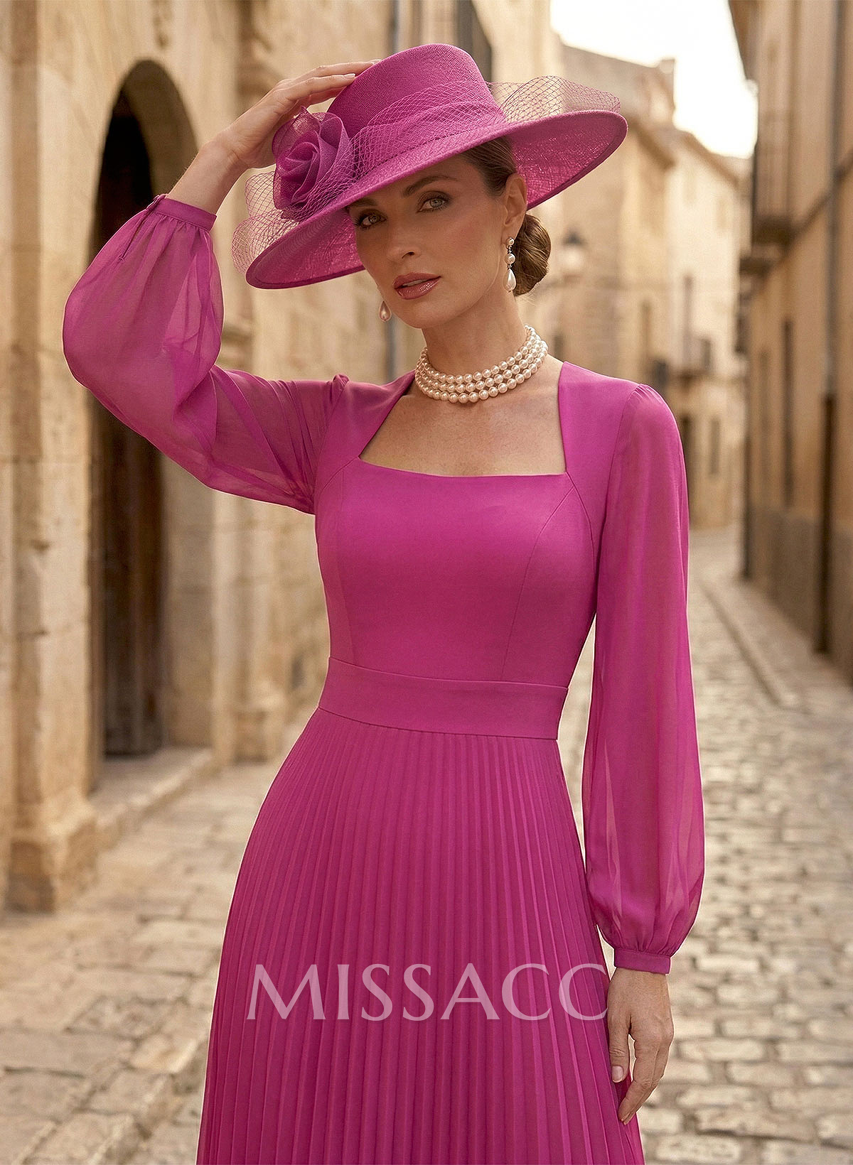 A-Line Square Neckline Long Sleeves Ankle-Length Chiffon Mother Of The Bride Dresses With Pleated