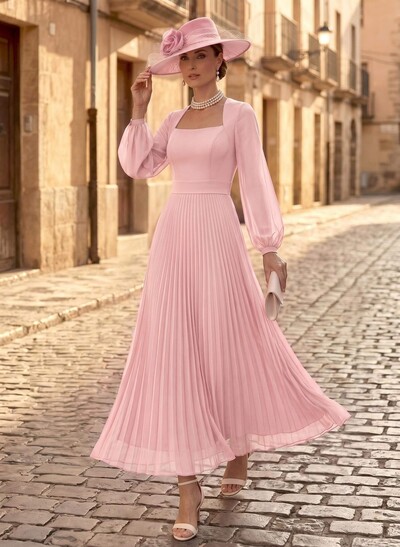 A-Line Square Neckline Long Sleeves Ankle-Length Chiffon Mother Of The Bride Dresses With Pleated