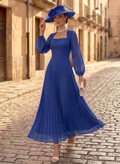 A-Line Square Neckline Long Sleeves Ankle-Length Chiffon Mother Of The Bride Dresses With Pleated
