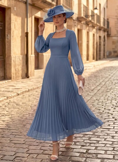 A-Line Square Neckline Long Sleeves Ankle-Length Chiffon Mother Of The Bride Dresses With Pleated