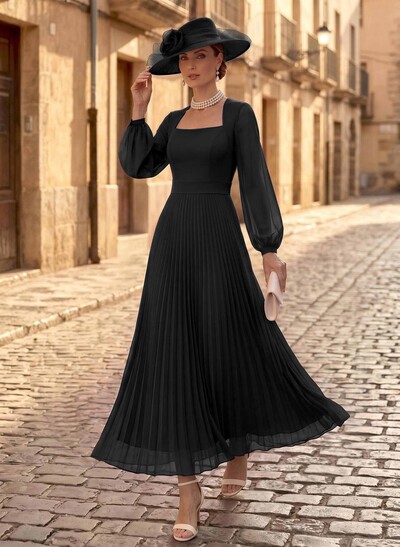 A-Line Square Neckline Long Sleeves Ankle-Length Chiffon Mother Of The Bride Dresses With Pleated