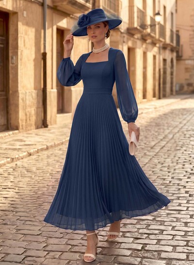 A-Line Square Neckline Long Sleeves Ankle-Length Chiffon Mother Of The Bride Dresses With Pleated