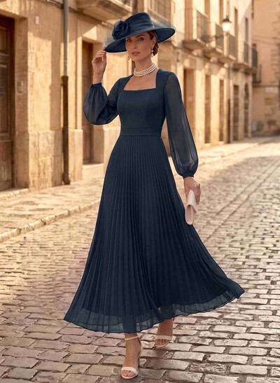 A-Line Square Neckline Long Sleeves Ankle-Length Chiffon Mother Of The Bride Dresses With Pleated