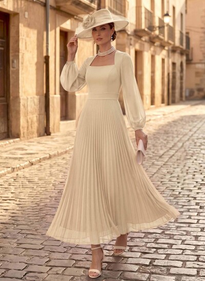 A-Line Square Neckline Long Sleeves Ankle-Length Chiffon Mother Of The Bride Dresses With Pleated