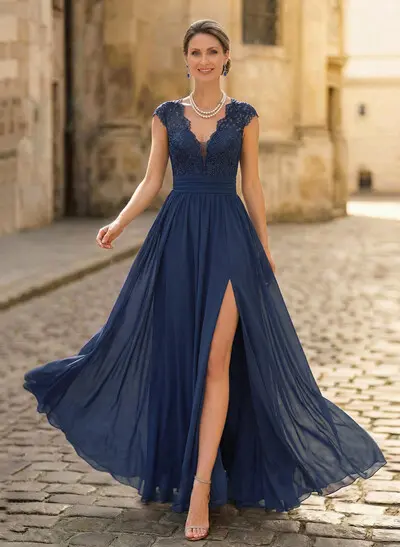A-Line V-Neck Floor-Length Chiffon/Lace Mother Of The Bride Dresses With Lace/High Split